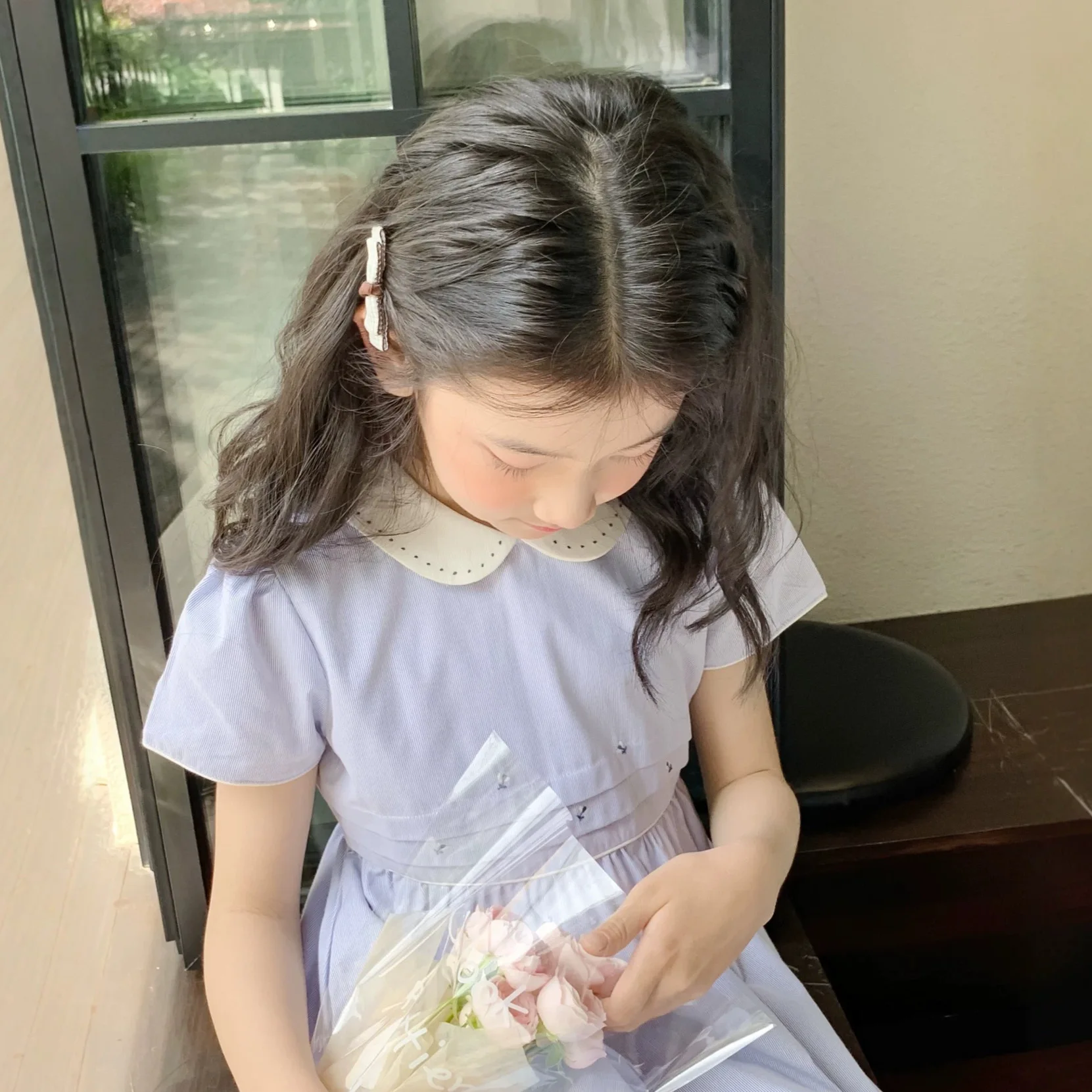 Girls' Dress 26 Summer New Blue Elegant Fashion Korean Version Children's Dress Cotton Sweet College Style Party Princess Dress