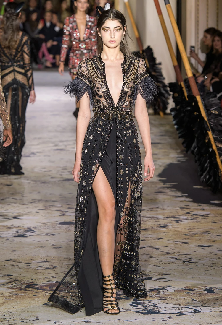 New Zuhair Murad Black Half sleeves Feathers Bead Floor length فساتين السهرة vestidos de fiesta فساتين سهره evening dresses
