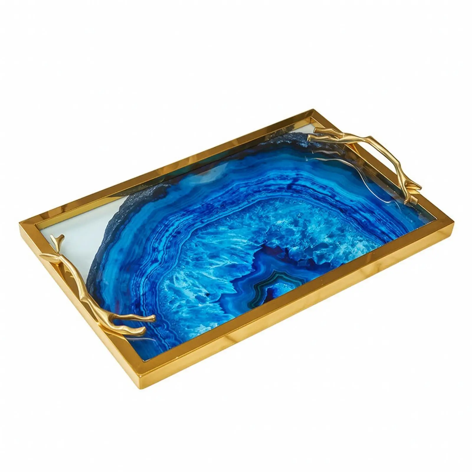 Modern Blue Agate Decorative Tray for Coffee Table Showpiece with Sturdy Copper Frame and Easy Carry Design