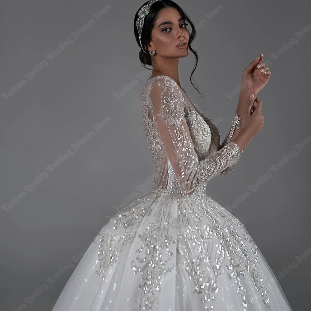 Elegant A-Line Tulle Women Wedding Dresses Princess Sparkling Hem Bridal Gowns Formal Party Long Sleeves Vestidos De Noches 2024