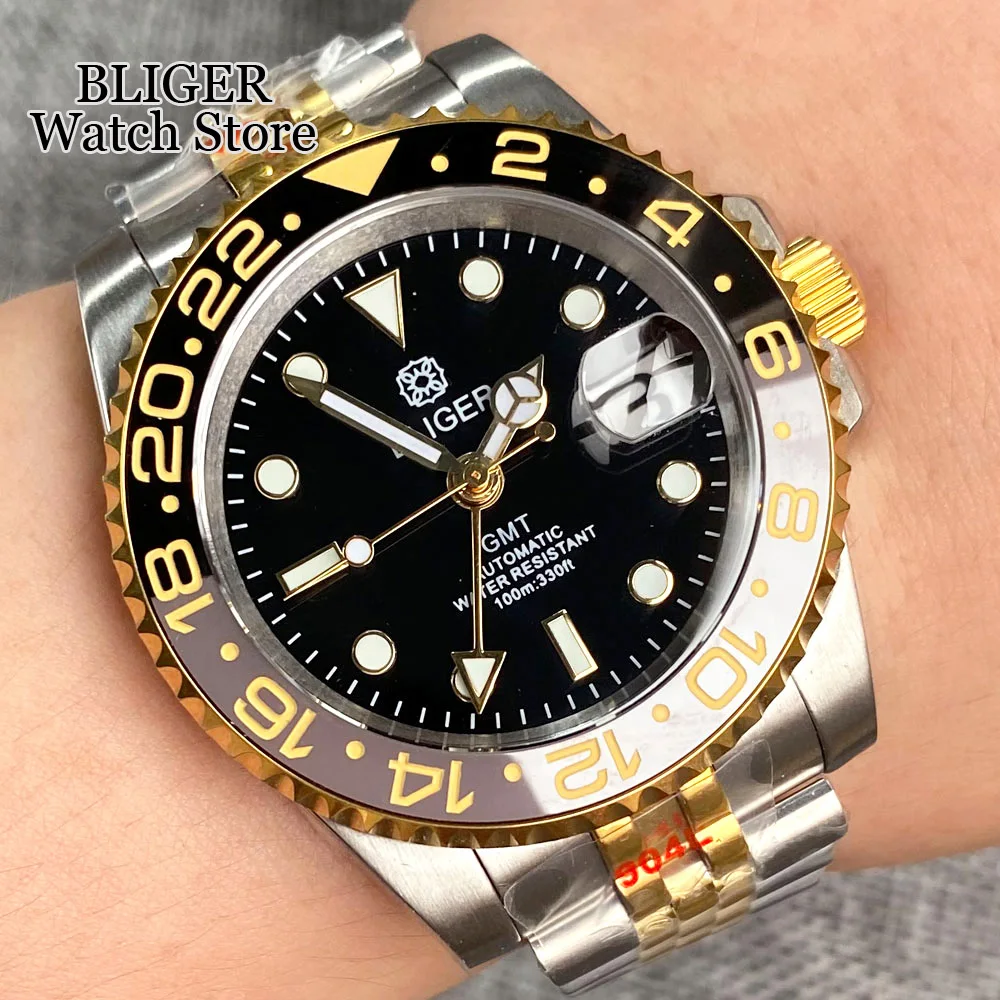 BLIGER NH34A 40mm Two Tone Gold NH34 GMT Automatic Watch For Men Ceramics Grey Black Bezel Dial Sapphire Glass Luminous 2023