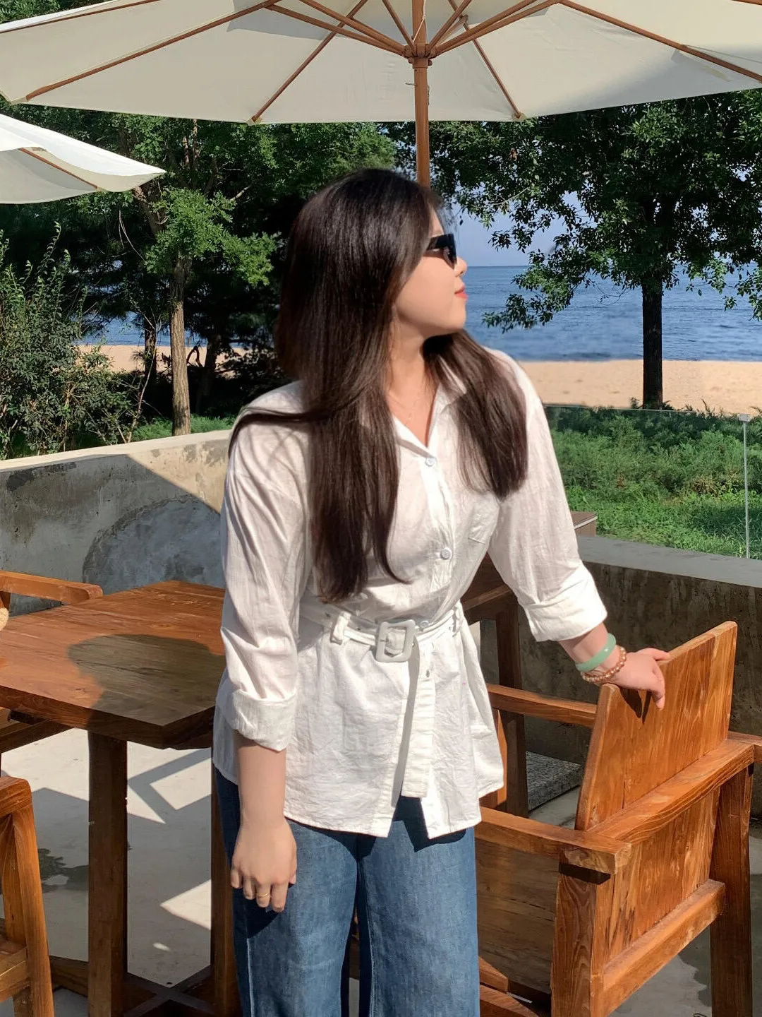 

Spring New Design Versatile Shirt White Waist-Cinching Casual Women's Top with Belt Loose Fit Polyester Long Sleeve Button-Up