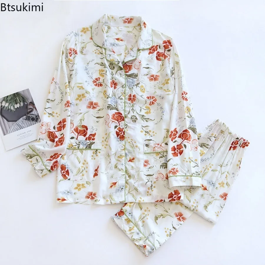 2024 Soft Cotton Pajamas Sets Women Printed Home Clothes Suit Sets Spring Summer Autumn Long Sleeve Sleepwear Female Homewear