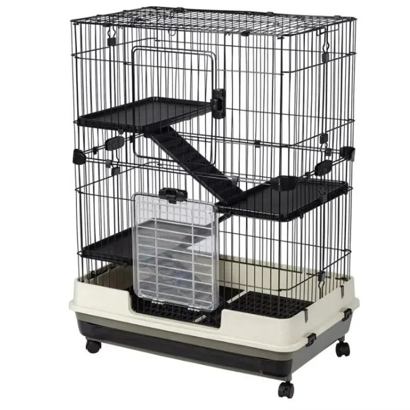 Adjustable Height Small Animal Metal Cage with Lockable Casters and Grilles Pull-Out Tray for