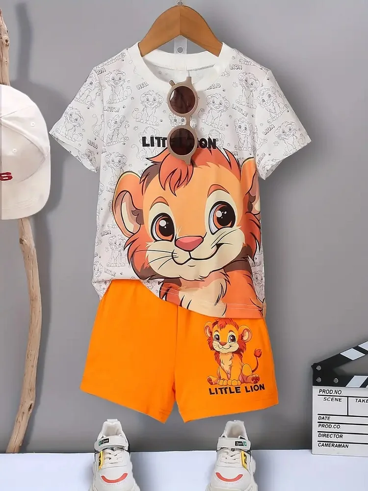 2pcs Baby Girls Boys Casual Little Lion Graphic Print Short Sleeve T-shirt & Shorts Set Comfy Summer Kid Boys Clothes