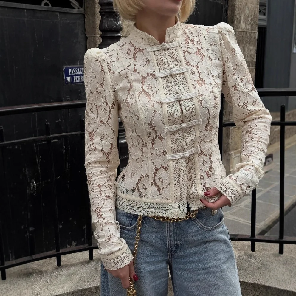 

Женская винтажная блузка в китайском стиле с кружевом, воротником-мандарином и пуговицами-лягушками, с длинными рукавами, приталенная, элегантный повседневный топ