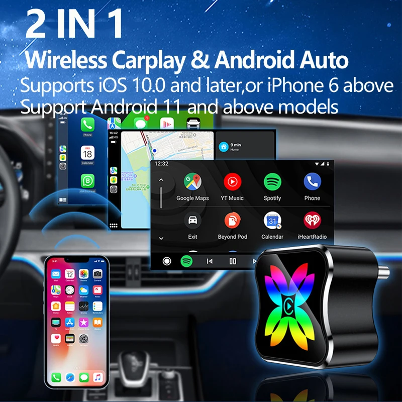 VRロボットUSB CワイヤレスCarPlayアダプター（Apple IOS、Android対応）2 IN 1プラグアンドプレイAndroid Auto AIスマートボックス（2018年以降の車用）