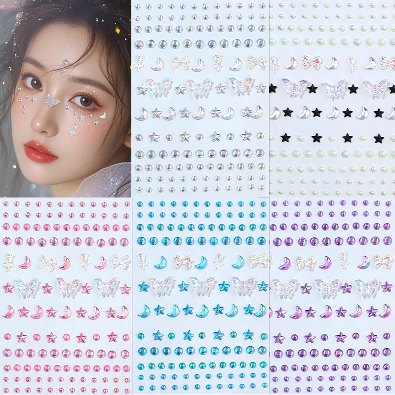 3D Aurora Butterfly Rhinestone Stickers Crystal Face Decor Forehead Pearl Diamond Decals for Kids Stage Makeup Beauty Accessory