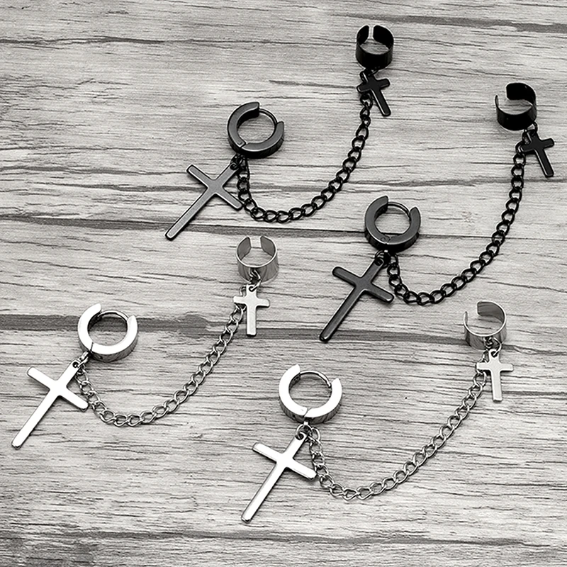 Classic Women Men Punk Cross Tassel Earrings Integrated Clip Stud Earring Christian Gothic Hip Hop Jewelry Metal Chain Ear Ring