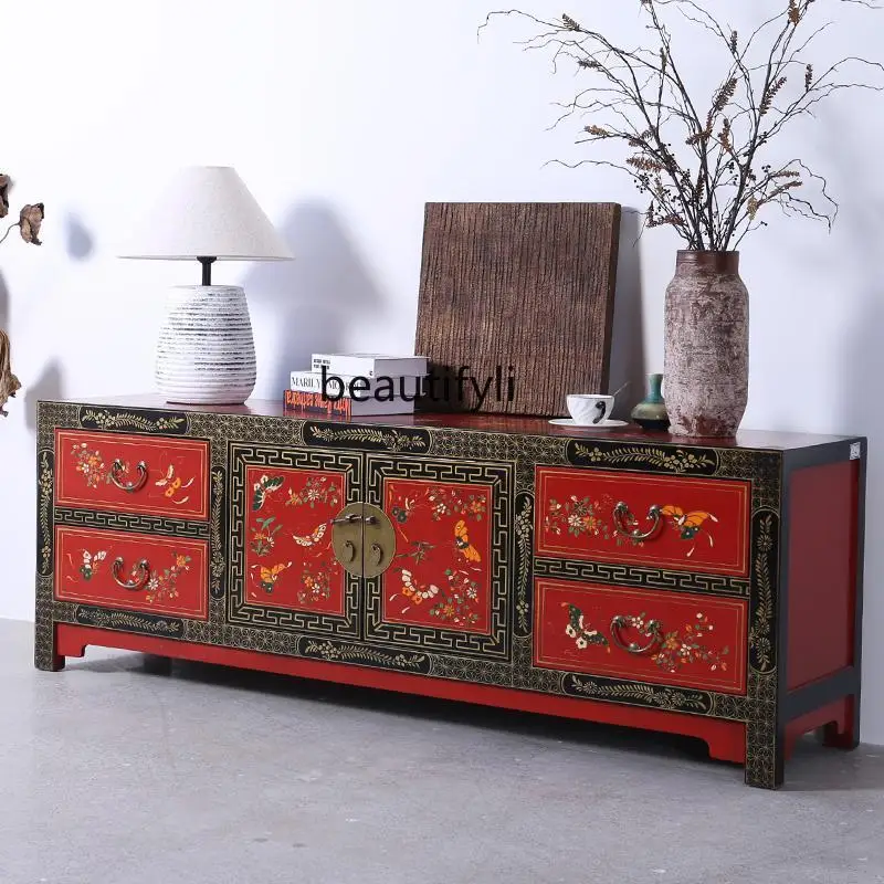 

New Chinese-style painted TV cabinet, living room floor cabinet, solid wood antique storage, retro side cabinet furniture