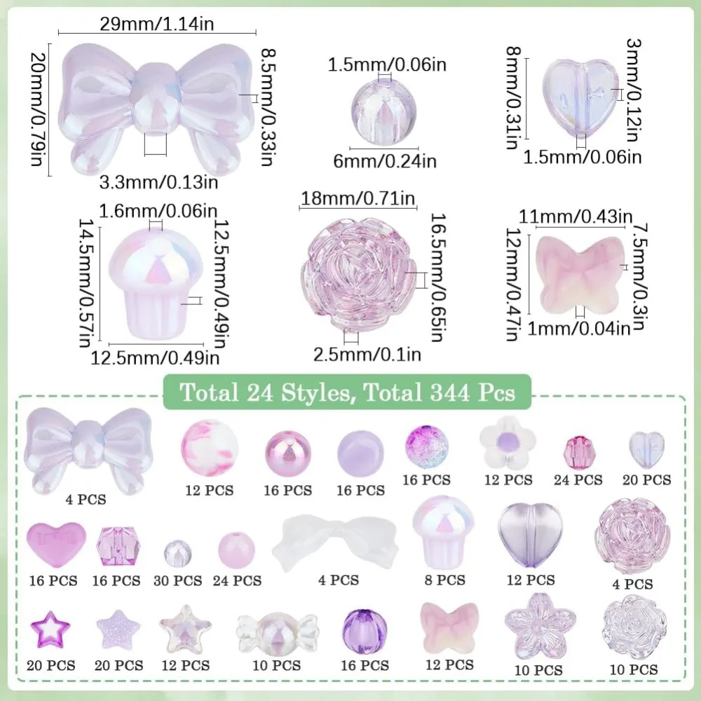 344Pcs Purple Aesthetic Beads Acrylic Assorted Beads Cute Bowknot Butterfly Heart Flower Stars Round Beads Bulk