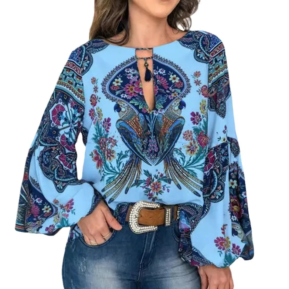 2025 Spring and Summer New Women's Personalized Women's Clothing Digital Printed Round Neck Lantern Sleeve Shirt