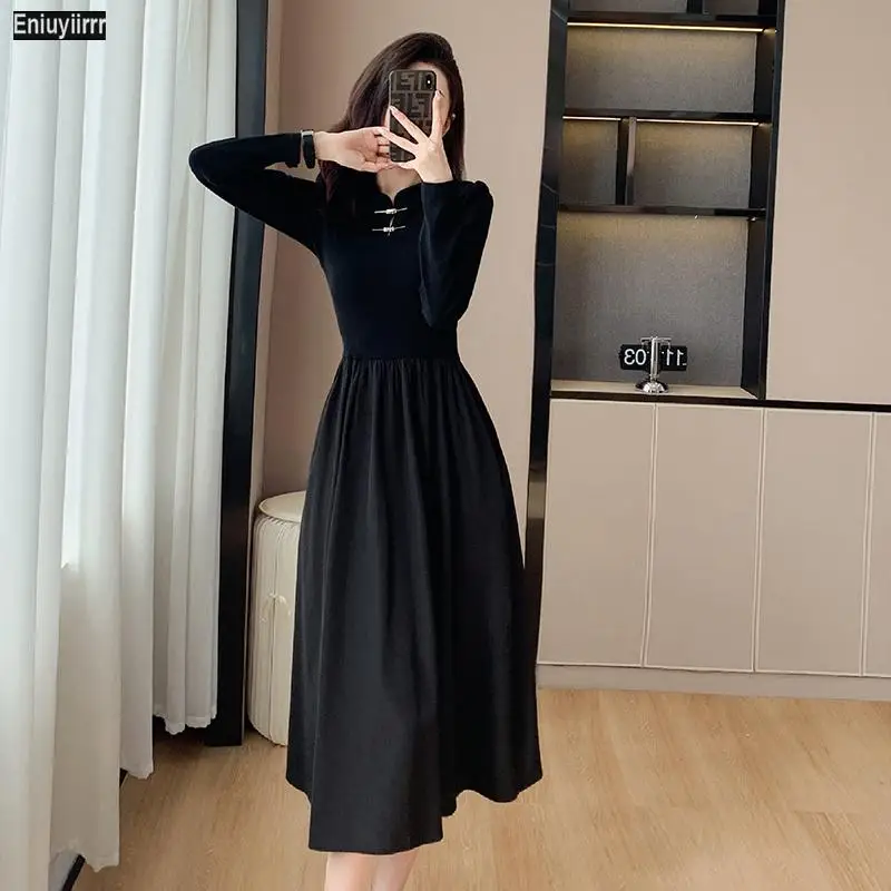 Französisch Design lange Kleider neue Mode feminine Vestidos Frauen Design europäischen Stil Retro Vintage eine Linie schwarz Kleid