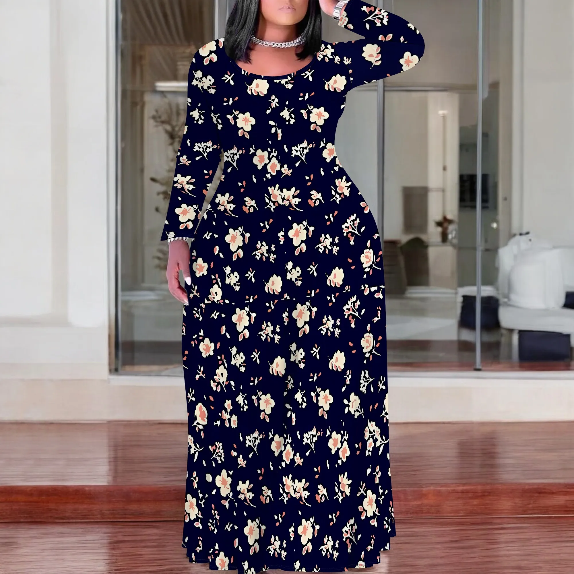 

Plus Size Floral Maxi Dress Round Neck Long Sleeve With Pockets Casual Loose Fit