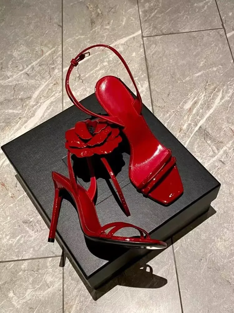 Sandali con tacco alto in pelle fiore punta quadrata da donna cinturino con fibbia da donna Slingback elegante abito da sposa scarpe da banchetto