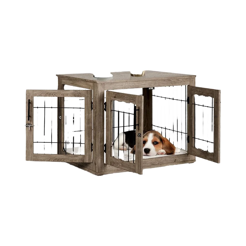 

ZJH Medium Dog Crate Furniture Solid Wood Eco-friendly Classics Style 3-Door Indoor Outdoor Kennel with Bed Mat
