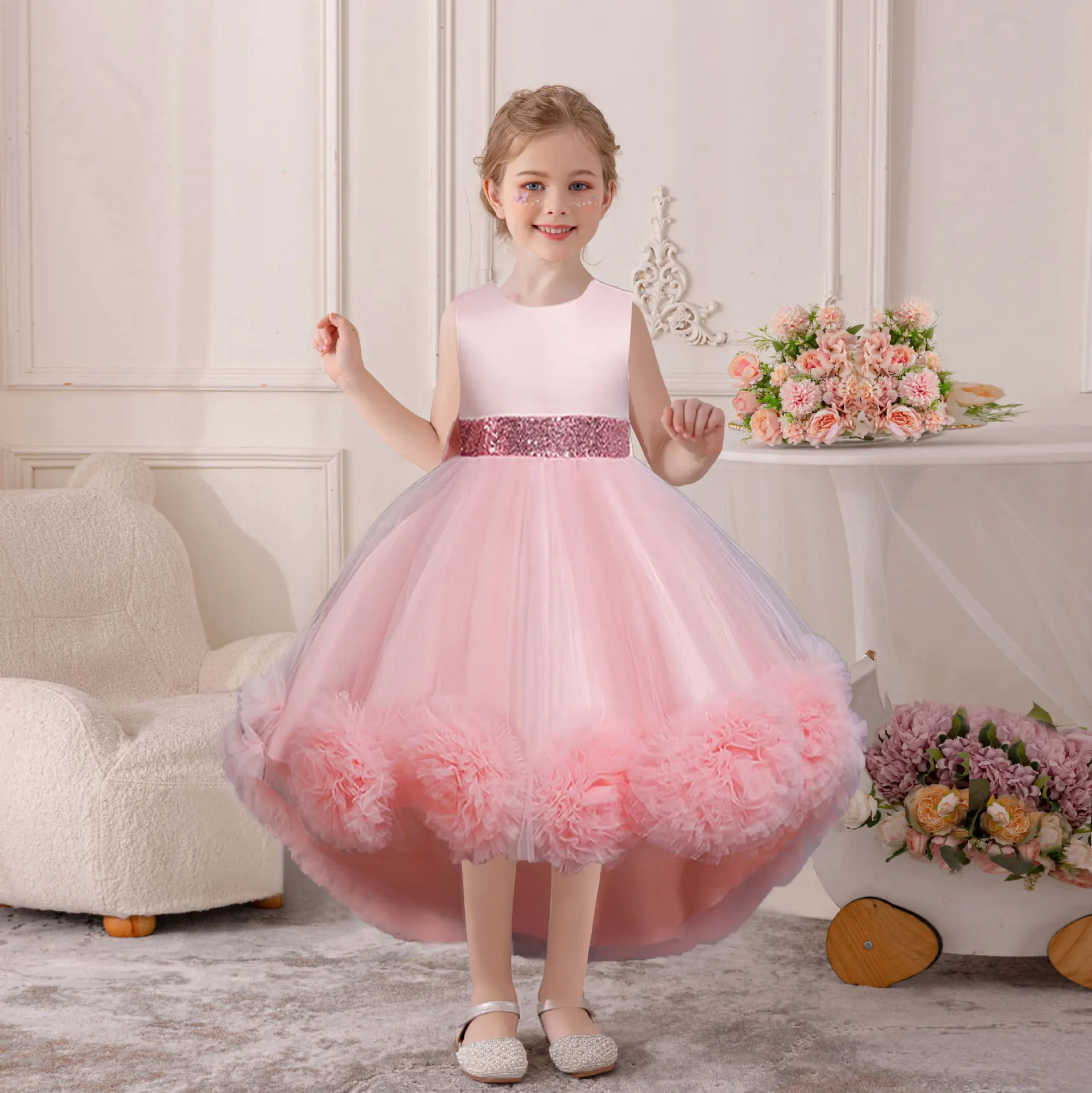 

Girls Elegant Dress Kids Luxury Dress Trailing White Puffy Wedding Bridesmaid Girls First Communion Evening Piano Perform Gown