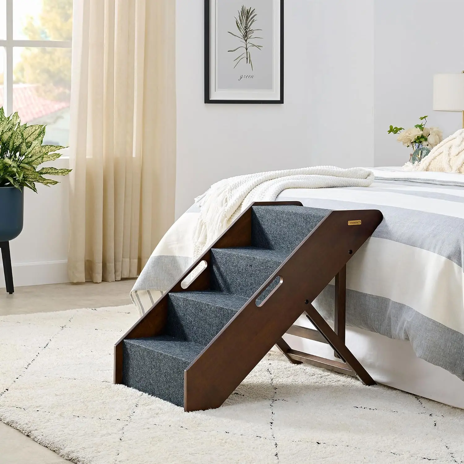 Wooden Pet Steps with 3 Adjustable Heights - No Assembly Foldable Pet Stairs for High Beds with Solid Hardwood Construction, Lig