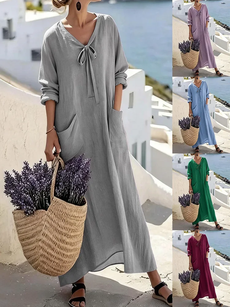 Women's Casual Fashion V-neck Long Sleeved Loose Solid Color Elegant Vacation Long Skirt Dresses V Neck Dress Party Dresses