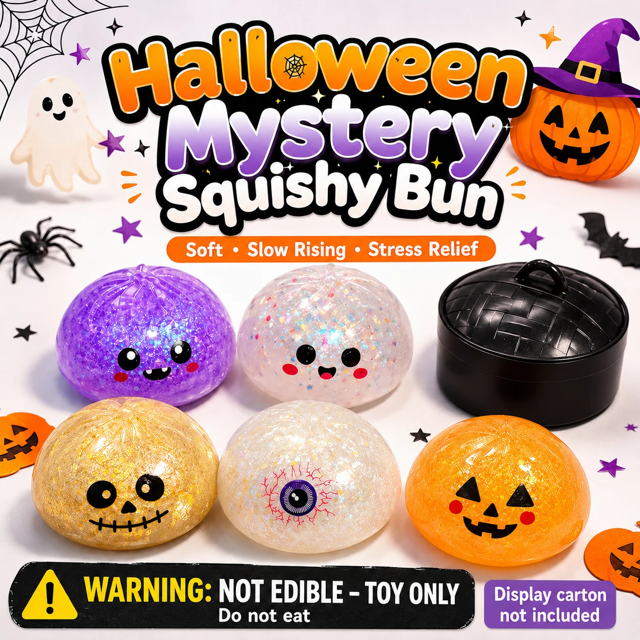 5-piece set Halloween Pumpkin Dumpling Glitter Dumpling Squishy with Steamer Dumplings Sensory Squeeze Toy for Stress Relief Toy