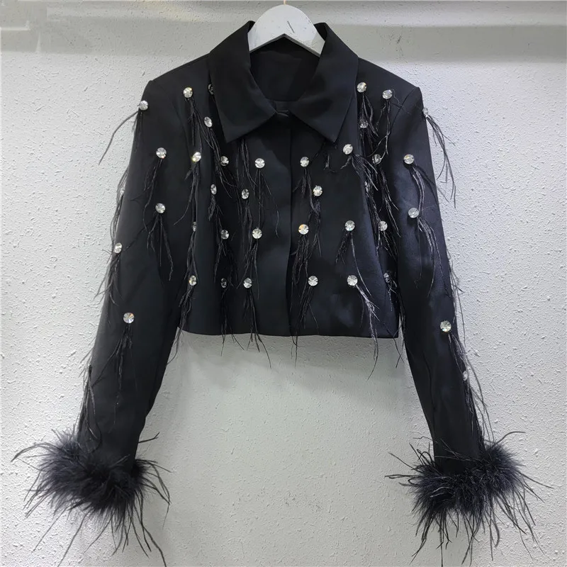 Women's 2025 Spring New Tailored Coats Diamond-encrusted Feather Tassels Splicing High-end Tops Female Solid Color Short Blazers