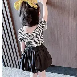 Sweet Bowknot Backless Girls Shirt Summer Vintage Black/red Stripe Kids Shirt Toddler Girls Pullovers 0-7 Yrs Kids Tshirt Summer