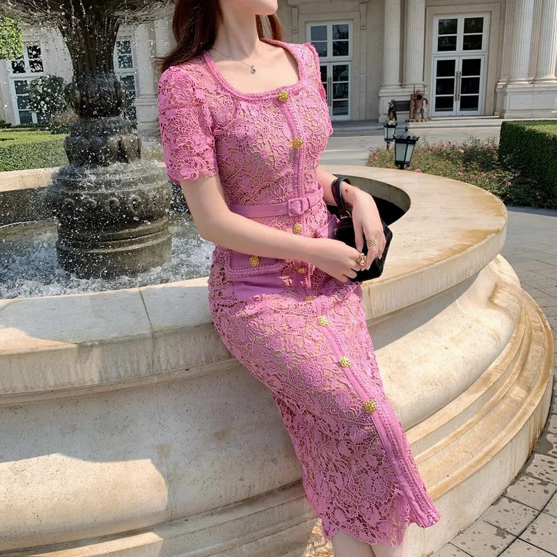 Fashion Runway Summer Pink Lace Sheath Dress Vintage Women Square Collar Golden Button Flower Embroidery Bodycon Long Dresses