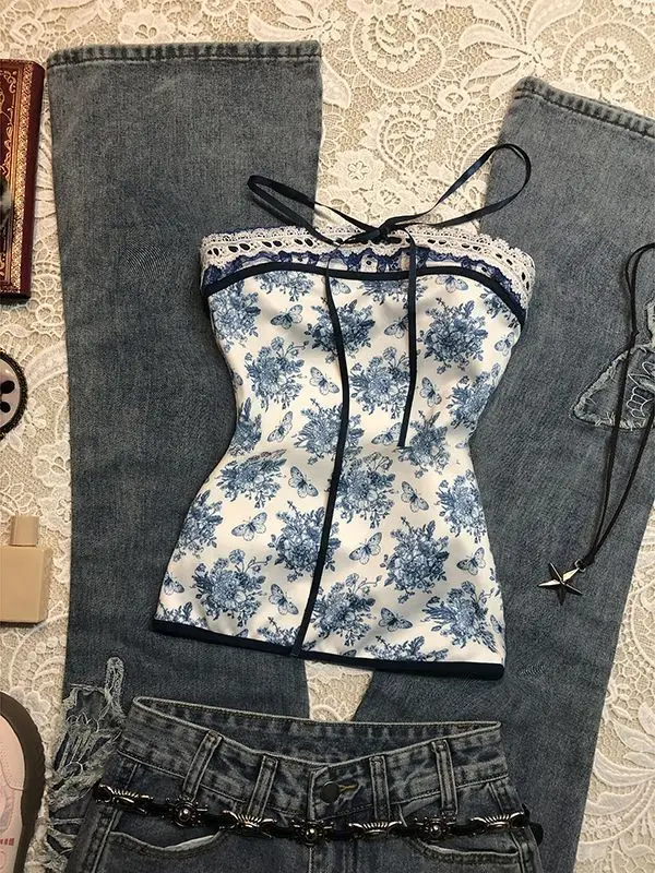 Harajuku Retro Floral Print Goth Tube Tops Camisole Sexy Y2k Vintage 2000s Strapless Emo Girls Punk Hip Hop Tees Streetwear Chic