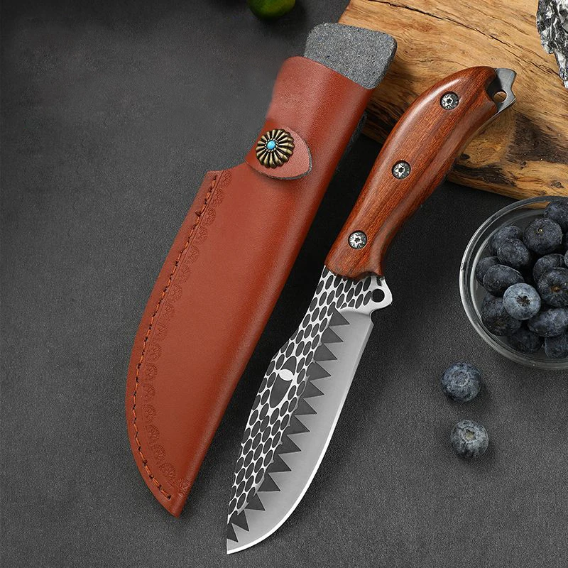 9.5 inch multi-purpose fruit knife, high carbon stainless steel 4mm thick, surface pattern, solid wood handle, outdoor tactical