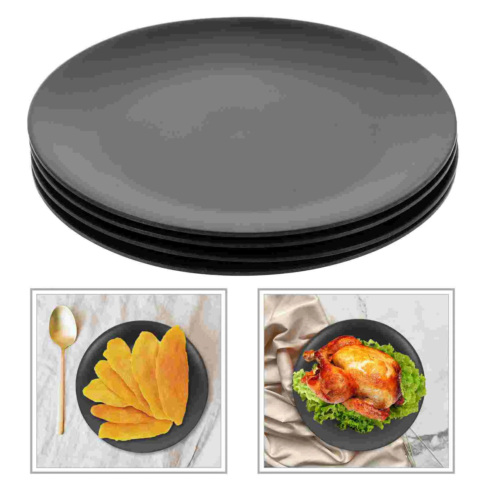 

4 Pcs Black Melamine Plate Dish for Outdoor Dinning Serving Utensils Dinner Round Tray Lunch