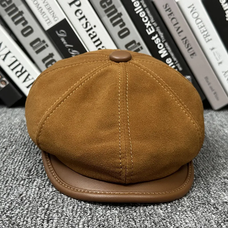 BOONJOVI Real leather newsboy hat for men's wear, genuine velvet, Irish taxi driver driving style flat cap