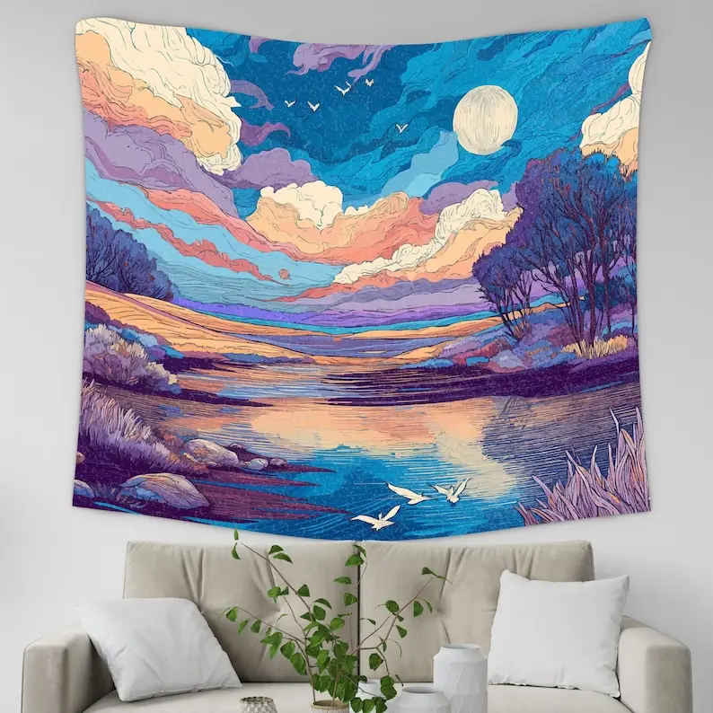Dreamy Landscape Tapestry Wall Art Nature Sunset Scene Boho Living Room Decor Watercolor Sky River View