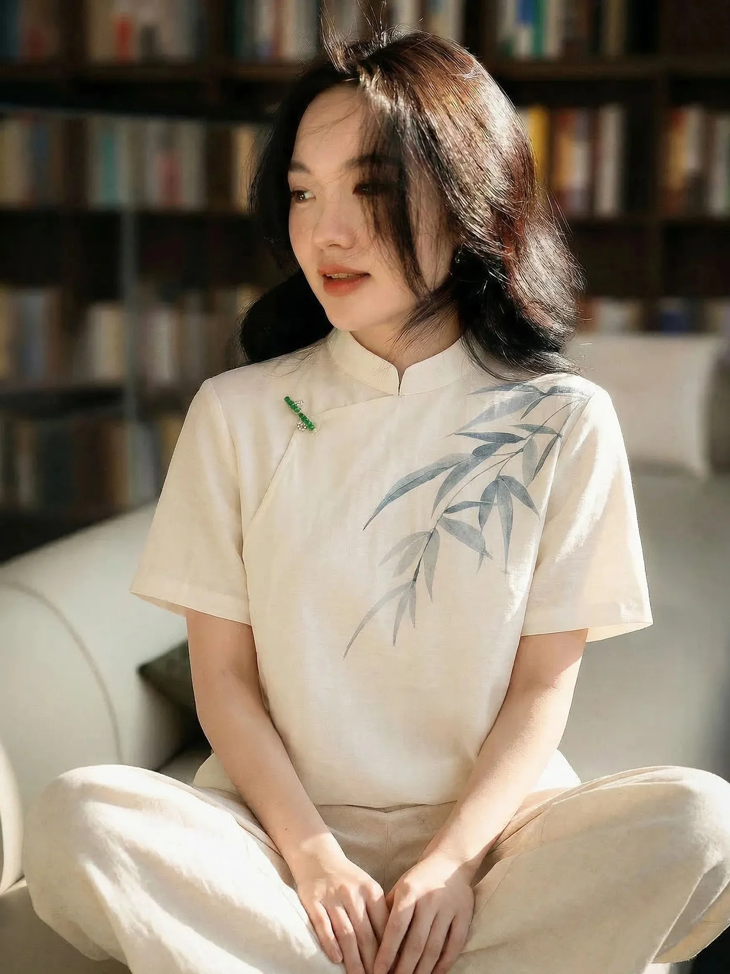 

New Chinese Style Loose Fit Bamboo Leaf Print Shirt Women's Summer Slimming Top Elegant Commuting Polyester Blend