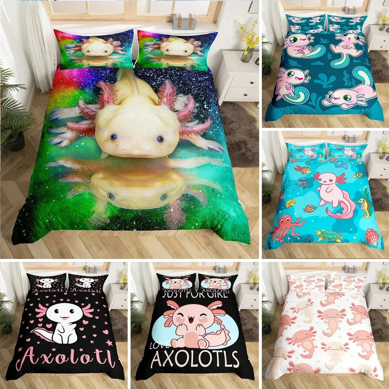 3D Axolotl Duvet Cover Set KingQueen Size New Kids Girls Boys Cute Rainbow Sea Wildlife Animal Reptile Polyester Bedding Set