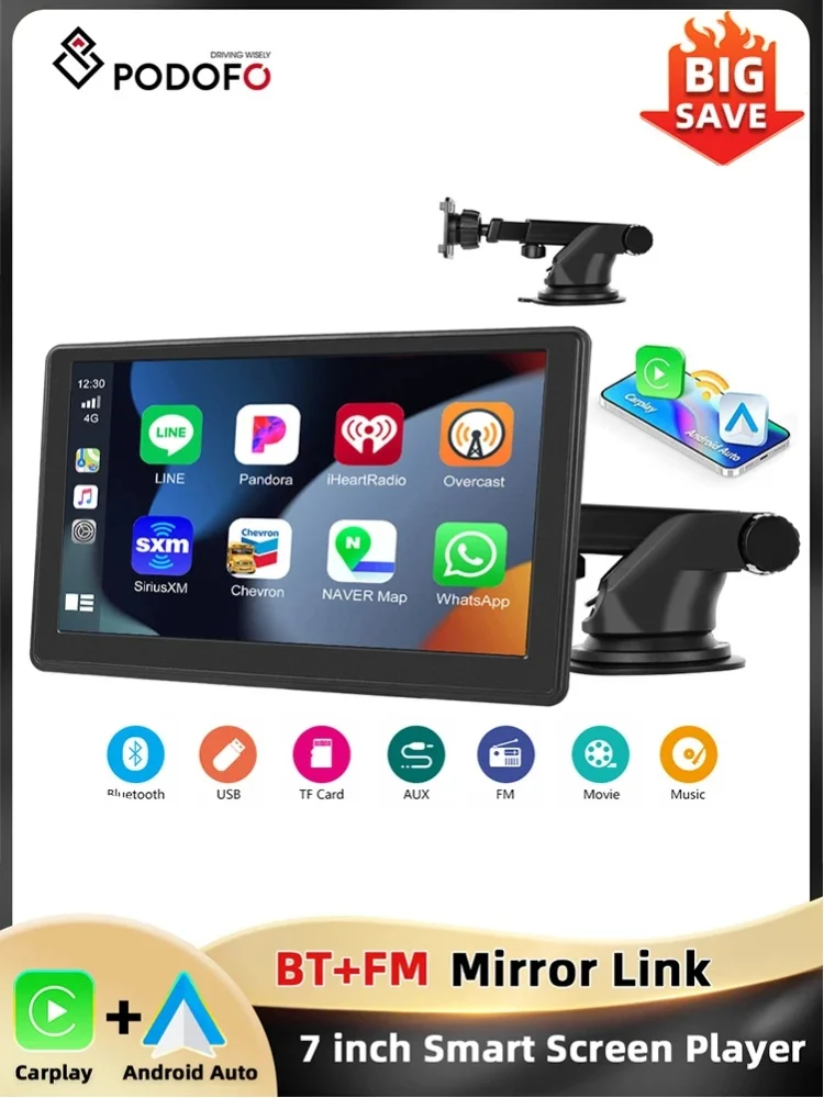 Podofo 7'' Inteligentny Odtwarzacz z Ekranem na Deskę Rozdzielczą Samochodu, Carplay, Android Auto, Bluetooth, EQ, Rejestrator Jazdy, Mirror Link, Transmisja FM, Nawigacja GPS (7Inch CAM) — Zdjęcie 2 z 2