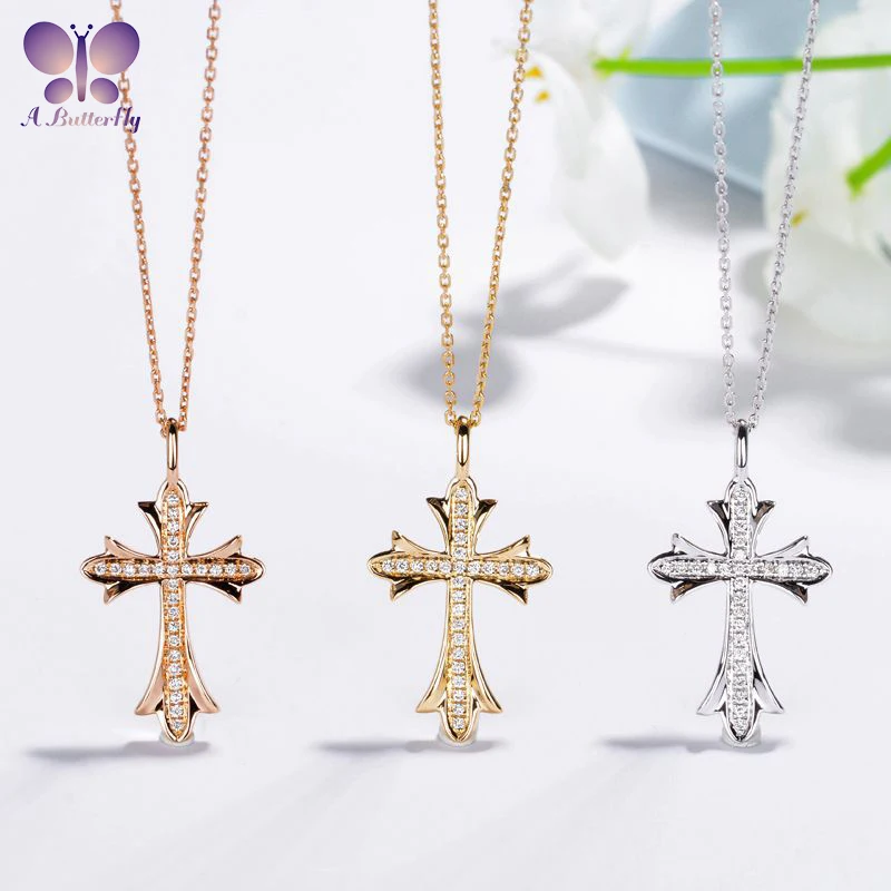 

AButterfly 18K White Gold Real Diamonds Cross Pendant Necklace With Chain Gifted For Women Senior Banquet Wedding Au750