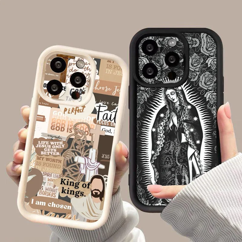 Jesus Cross Embroidery Pattern Phone Case For iPhone 16 Pro Max 15 14 13 12 11 XS X XR 7 8 16 Plus SE 2022 Shockproof Soft Cover