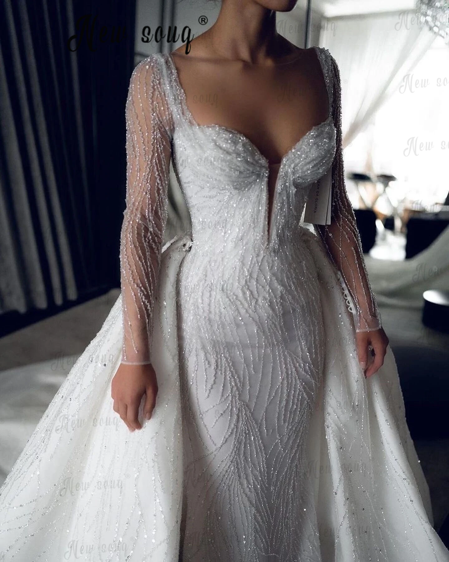 

Elegant White Sweetheart Long Sleeve Wedding Dress 2 Pieces Detachable Train Bridal Gowns Plus Size Wedding Gowns For Women 2024