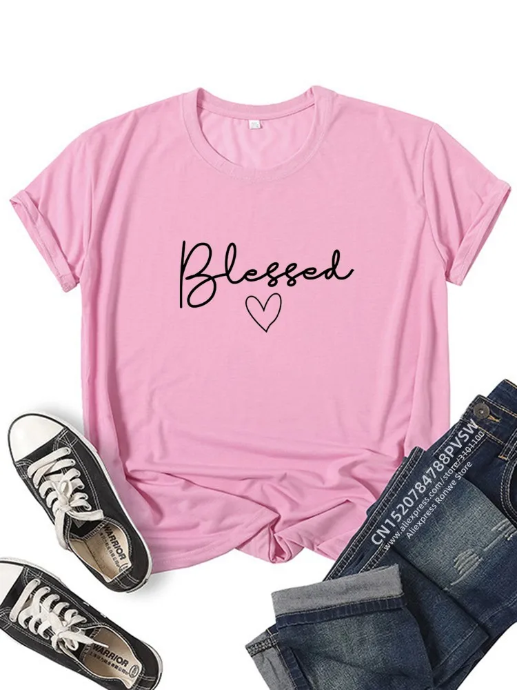 Blessed coração impressão t-shirts das mulheres roupas de verão t camisa harajuku gráfico t casual manga curta topos para a menina