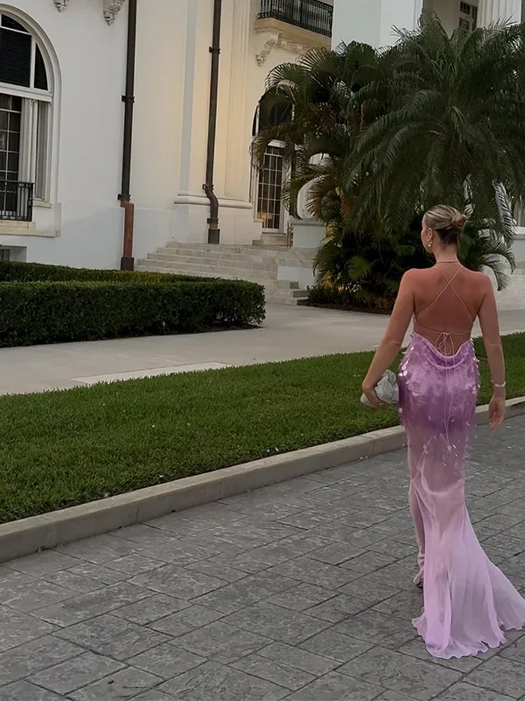 فستان رسن شبكي مزين بالترتر بحمالات على شكل حرف v بقصة ضيقة مثير بدون ظهر لامع للنساء على الشاطئ وحزام ذيل السمكة فساتين طويلة فستان اجتماعي #5