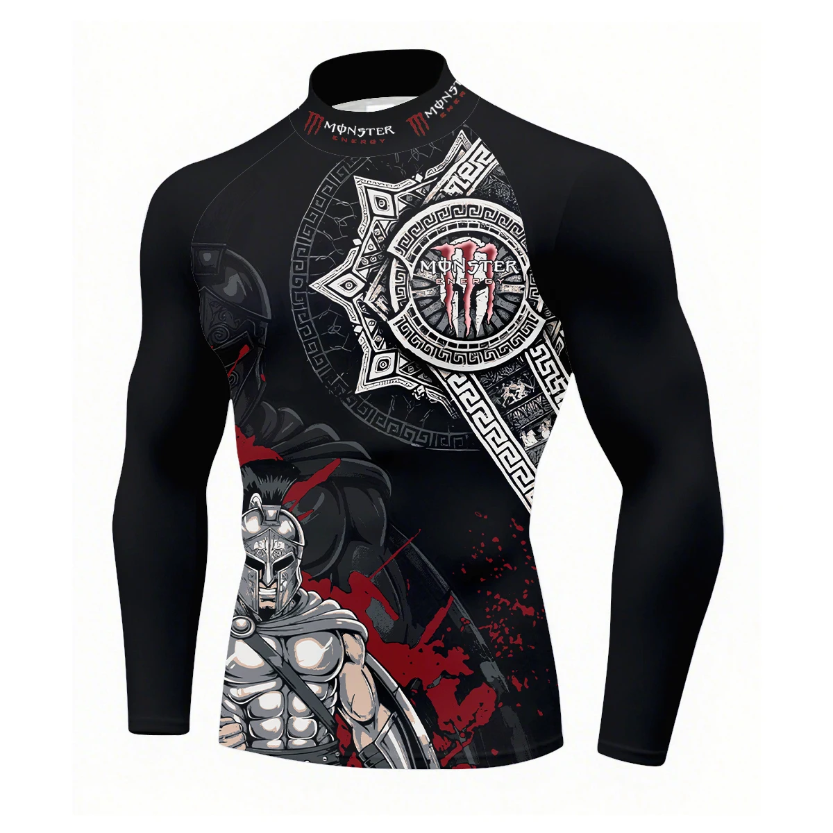 تي شيرت Monster Energy Dark Style بحبر سبلاش أحمر وزخرفة فضية من الدرع الروماني القديم المحارب الرياضي واللياقة البدنية بنصف رقبة عالية #2