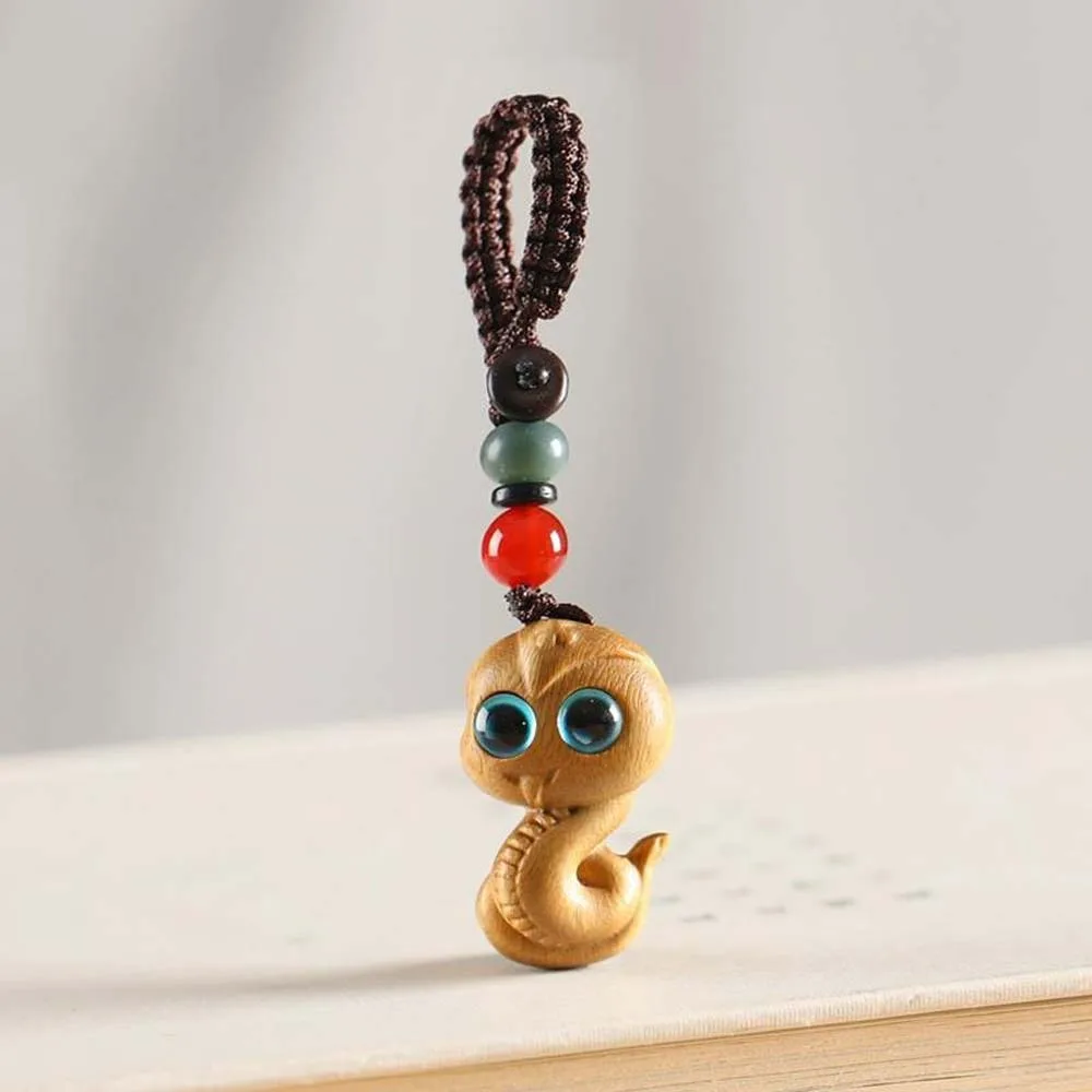 

Mini Zodiac Snake Keychain Cyan Eyes Waterproof New Year Carved Pendant Beads Weaving Rope Green Sandalwood Phone Chain Ornament