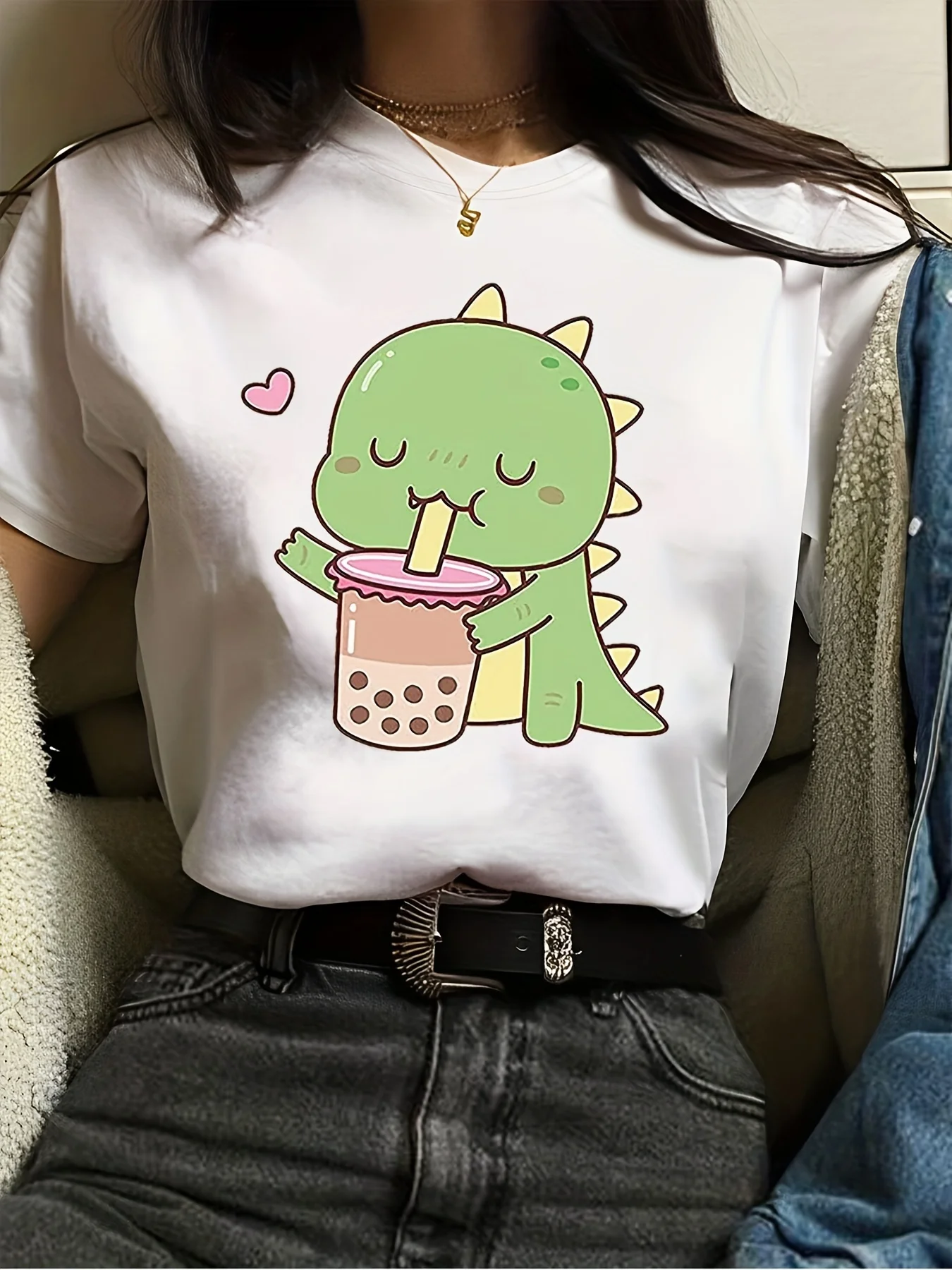 Cute Little Dinosaur Print Crew Neck Short Sleeve Casual T-shirt Women's Clothing Women's Harajuku Short Sleeve Casual Aesthetic