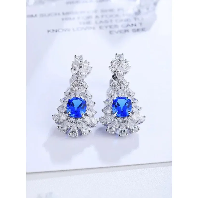 Ruihe Top Sale 2023 - S925 Silver Lab Grown Cobalt Spinel Sapphire with Simulated Diamond Zirconia White Elegant Earrings Women