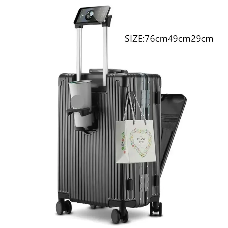 

28 Inches Suitcase Front Opening Aluminum Frame Rolling Luggage Spinner USB Cup Holder Phone Stand Cabin Carrier Draw Bar Box