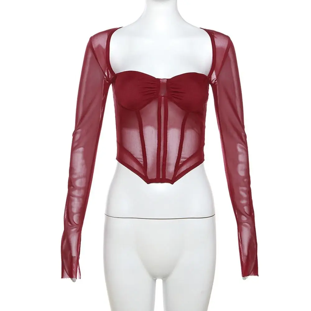 

Ins Transparent Mesh Fishbone Tops Pullover Y2k Mesh Long Sleeve Tops Thin Spicy Girl Style Streetwear Shirt Women Ladies