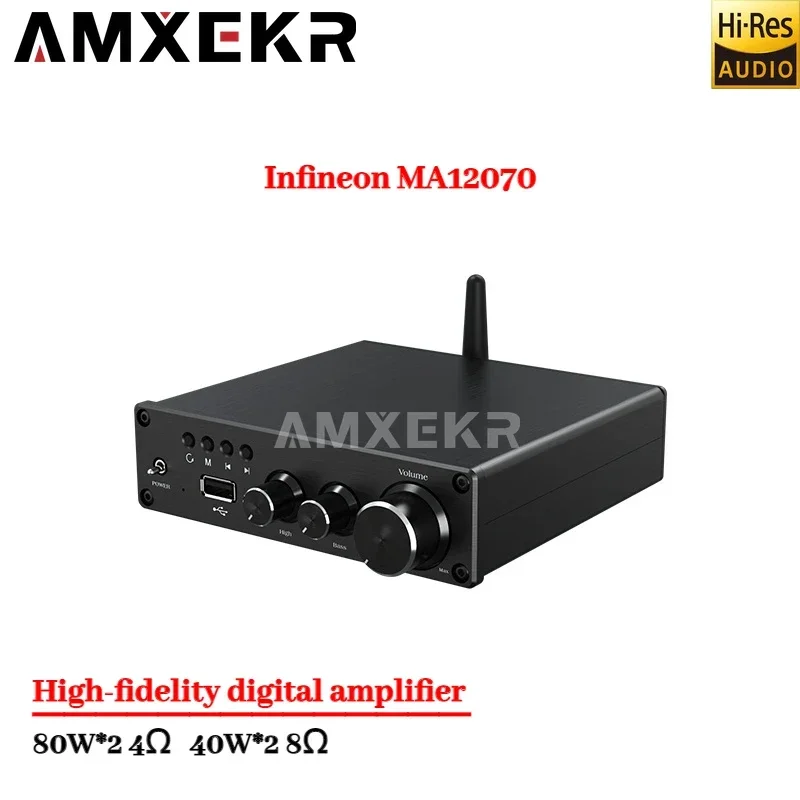 AMXEKR Infineon MA12070 HiFi Digital Amplifier Bluetooth 5.0 USB ES9023 Low Distortion 80W*2 Home Theater