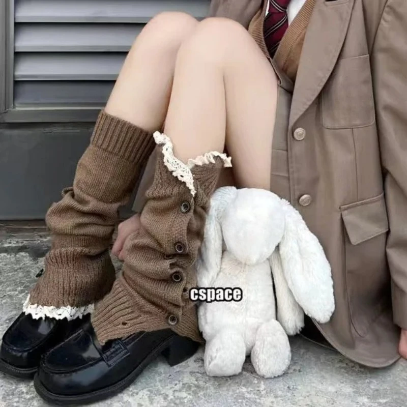 ชุดถุงเท้าขาสำหรับสาวๆ สไตล์โลลิต้า แต่งกระดุมลูกไม้ ชุดถุงเท้าอุ่นๆ แบบใหม่ ชุดถุงเท้ากระดุมลูกไม้ถักตรง ถุงเท้ากันหนาว