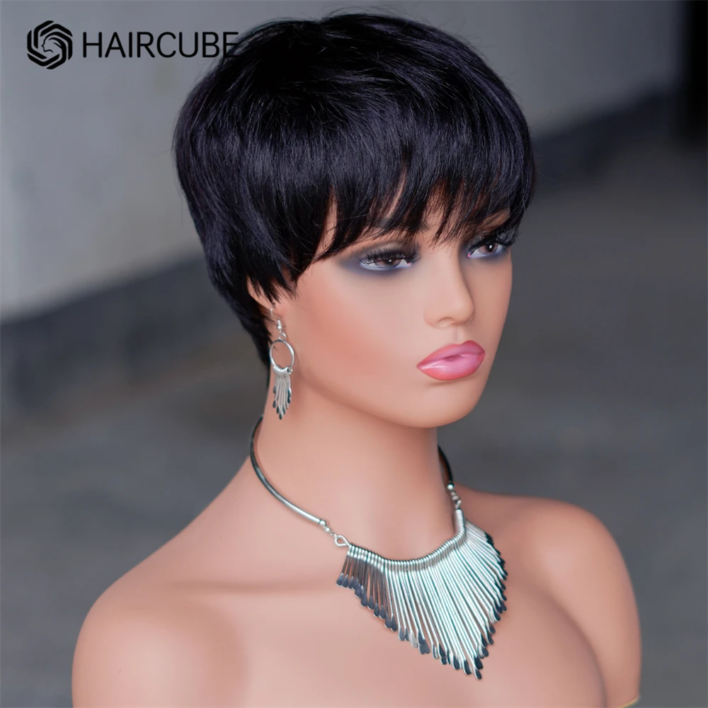 HAIRCUBE-pelucas de cabello humano para mujer, pelo corto y liso con corte Pixie, corte Bob en capas, negro, con flequillo, hecho a máquina para uso diario