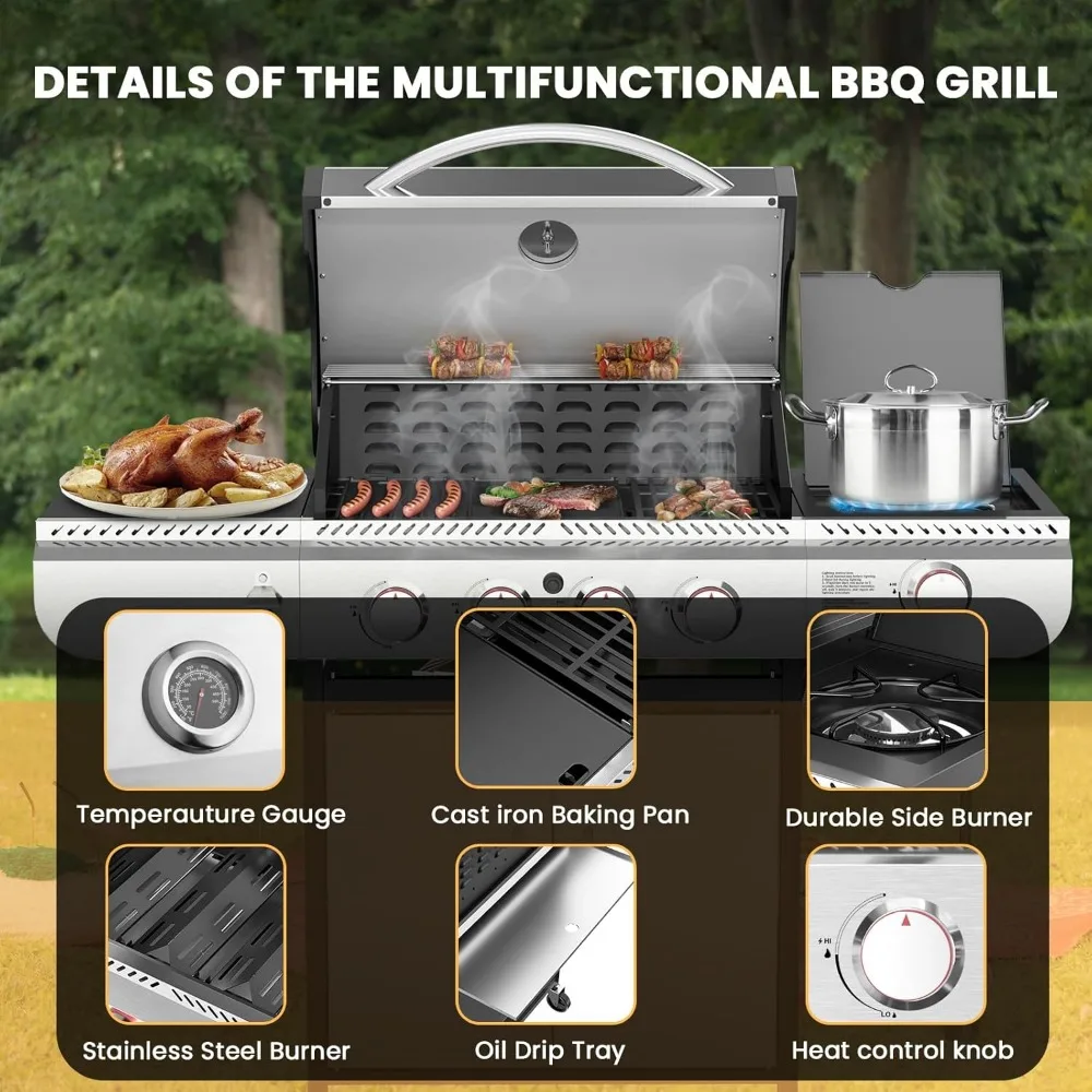 4-Burner Gas BBQ Grill with Side Burner, Porcelain-Enameled Cast Iron Grates, Baking Pan,Outdoor Cooking and Patio Barbecues